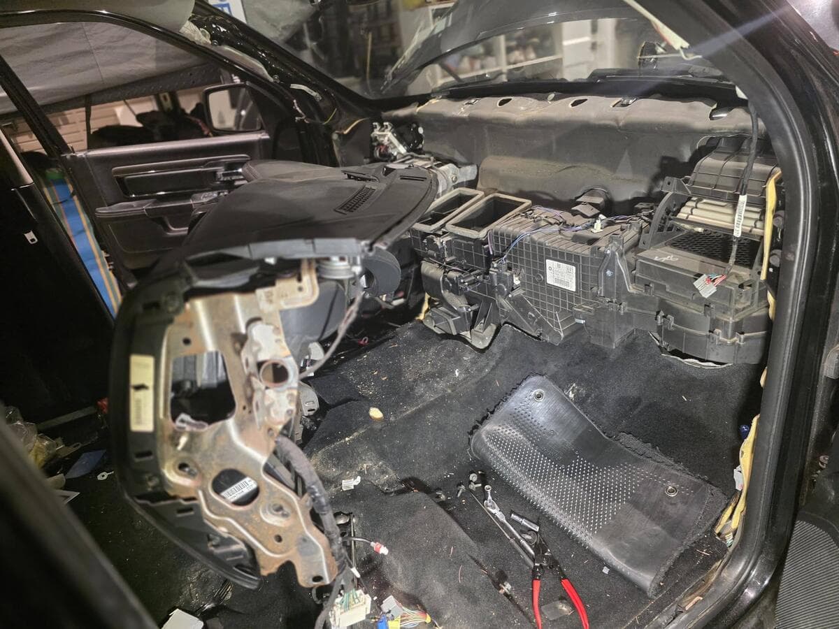 Truck interior with the dash out and the HVAC box exposed
