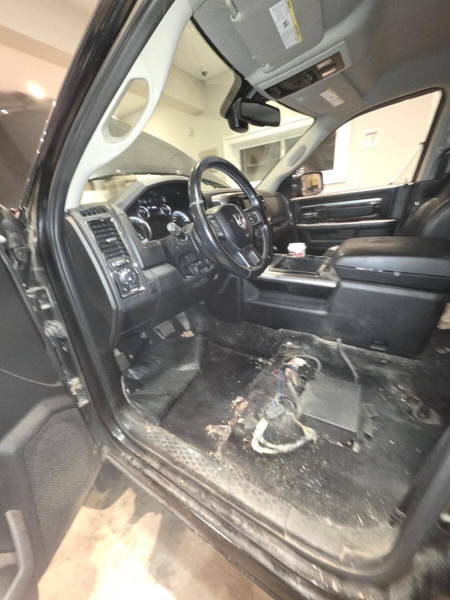 Truck cab with the dash removed for an HVAC rebuild